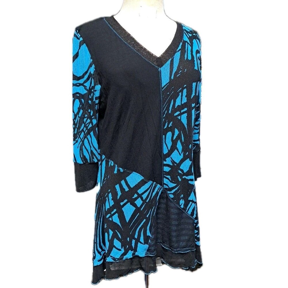 Lior Paris Womens Tunic Size L Teal Black Assymetrical Geo Print Artsy Fairy Top